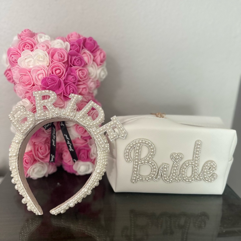 Pearl Bride Headband and makeup bag Set